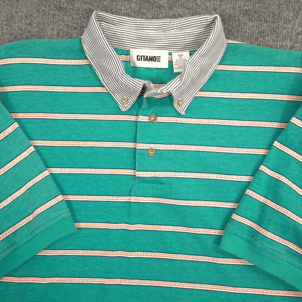 Vintage Gitano Polo Shirt Mens XL Teal Orange Striped‎ Golf Preppy Retro 90s Y2K